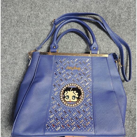 Betty Boop Handbags - Betty Boop Rhinestone Studs Blue Handbag Large Double Handle & Shoulder Strap